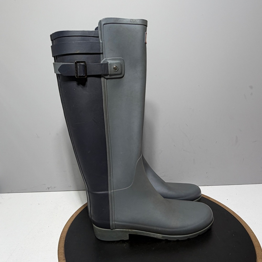 Hunter Rain Slate Boots Women 8 Grey Navy Blue Tall Waterproof Matte Buckle